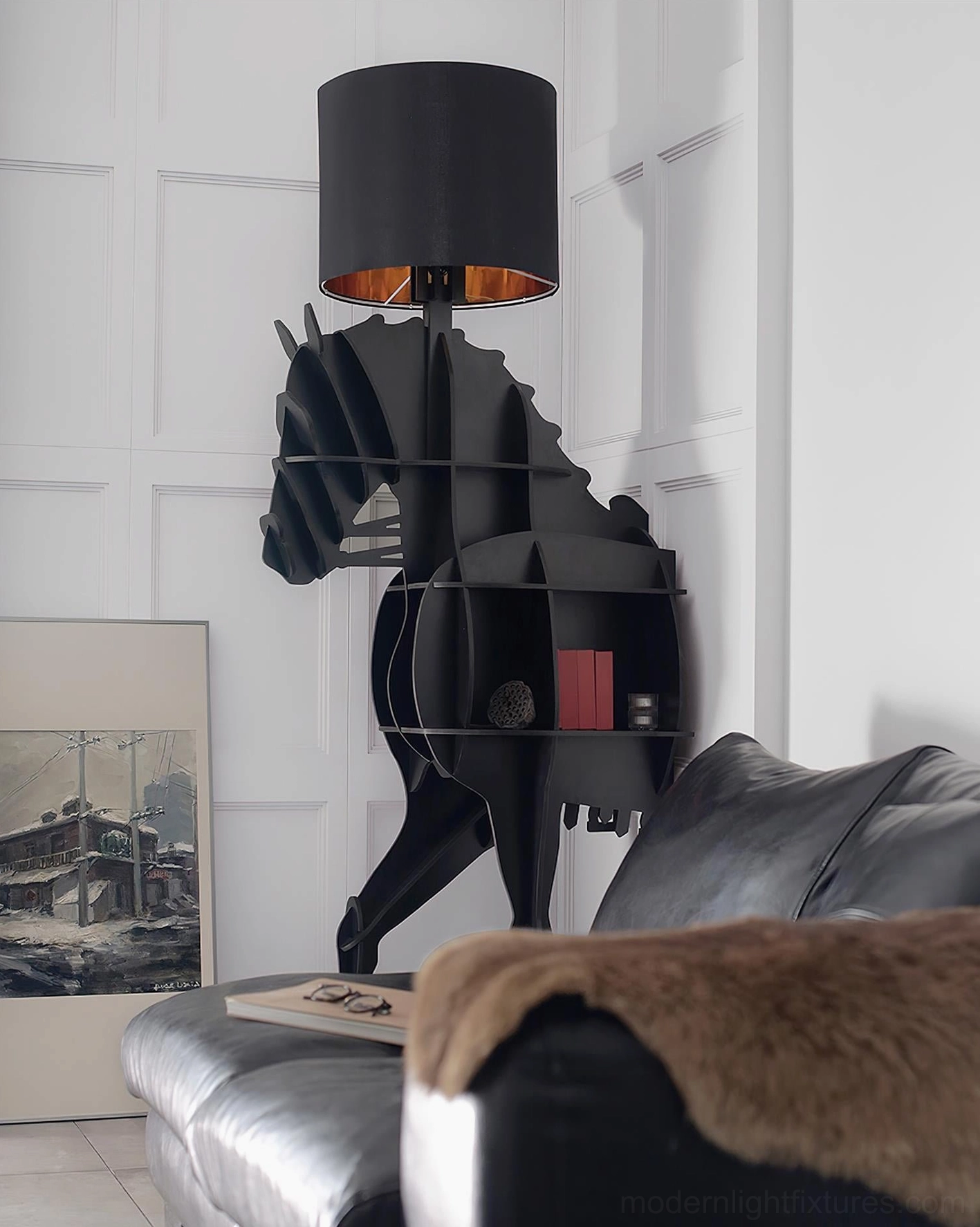 Horse-themed floor lamp with decorative red accents inside shelf beside leather sofa - modern living room lighting