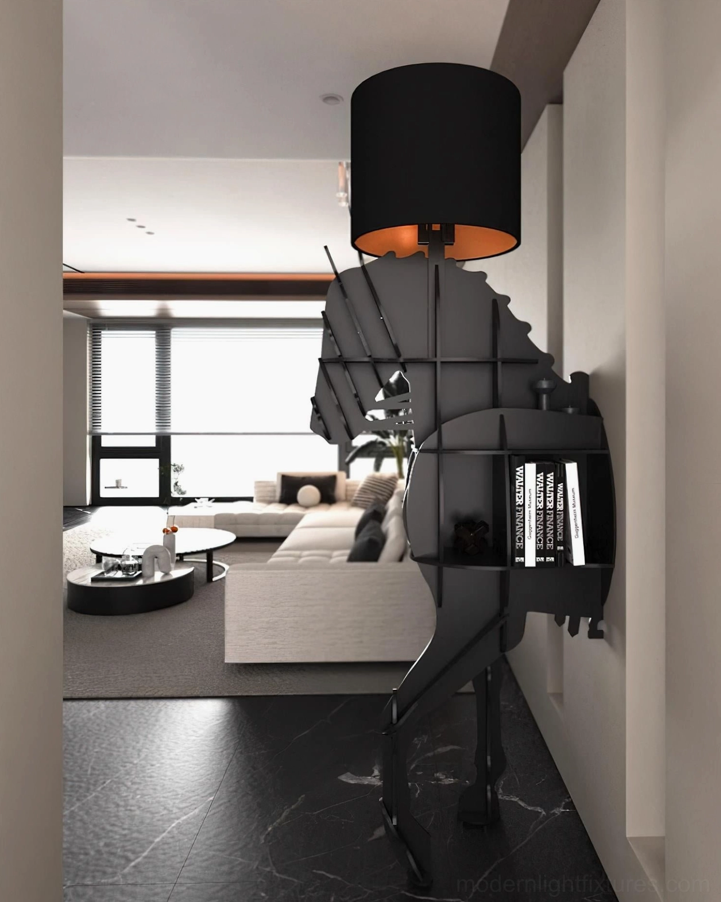 Black horse floor lamp with integrated storage compartment - modern functional art lighting fixture