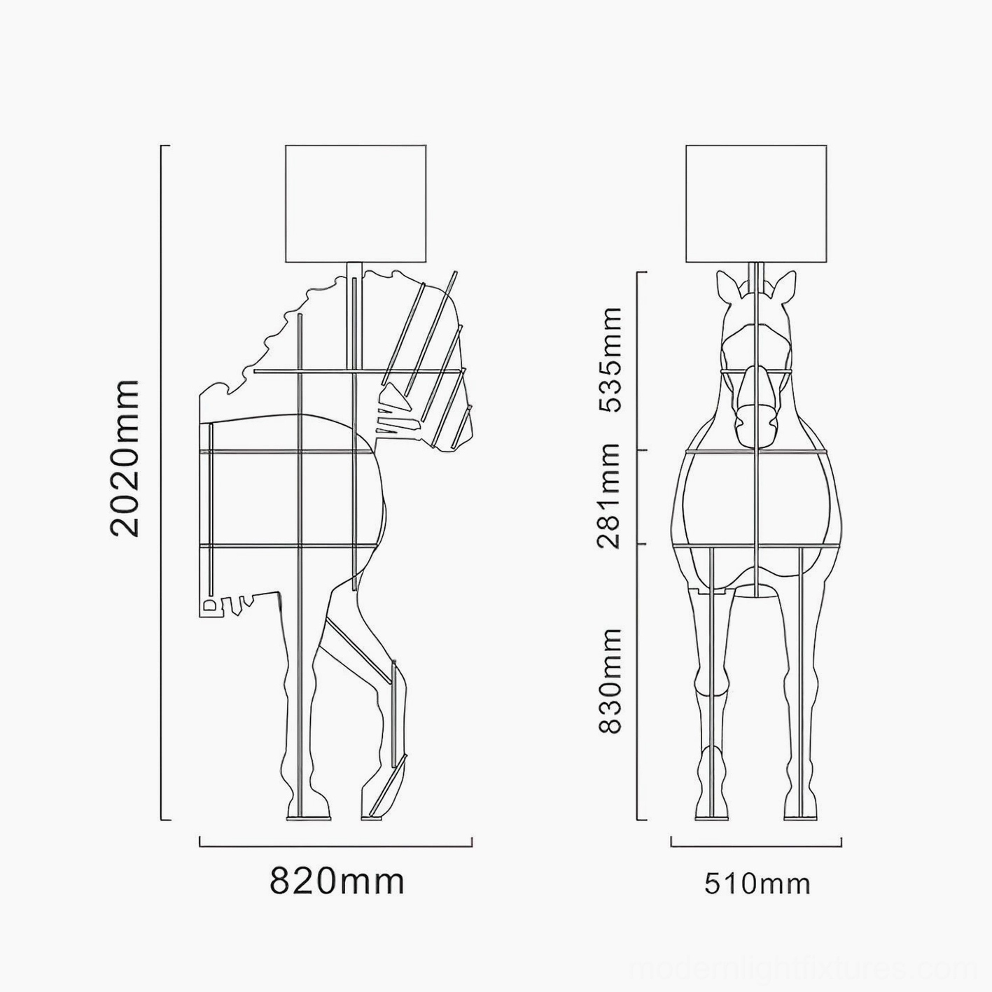 Horse floor lamp technical drawing and dimension specifications - assembly guide orthographic view