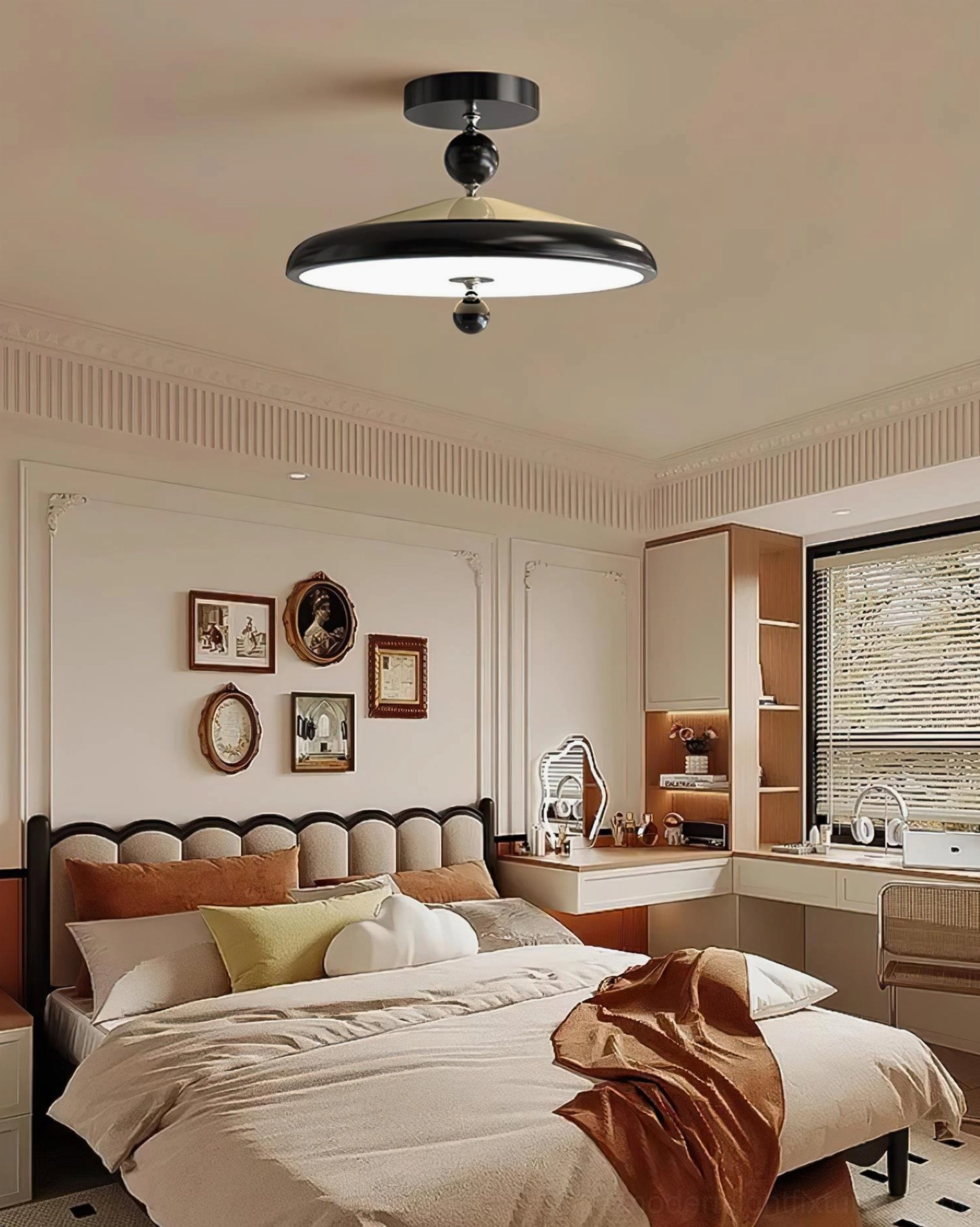 Black hover ceiling lamp installed in minimalist vintage bedroom, retro home lighting fixture