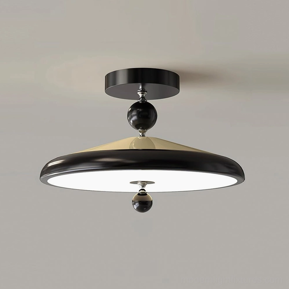 Black hover disc ceiling lamp product shot, contemporary minimalist lighting for living room