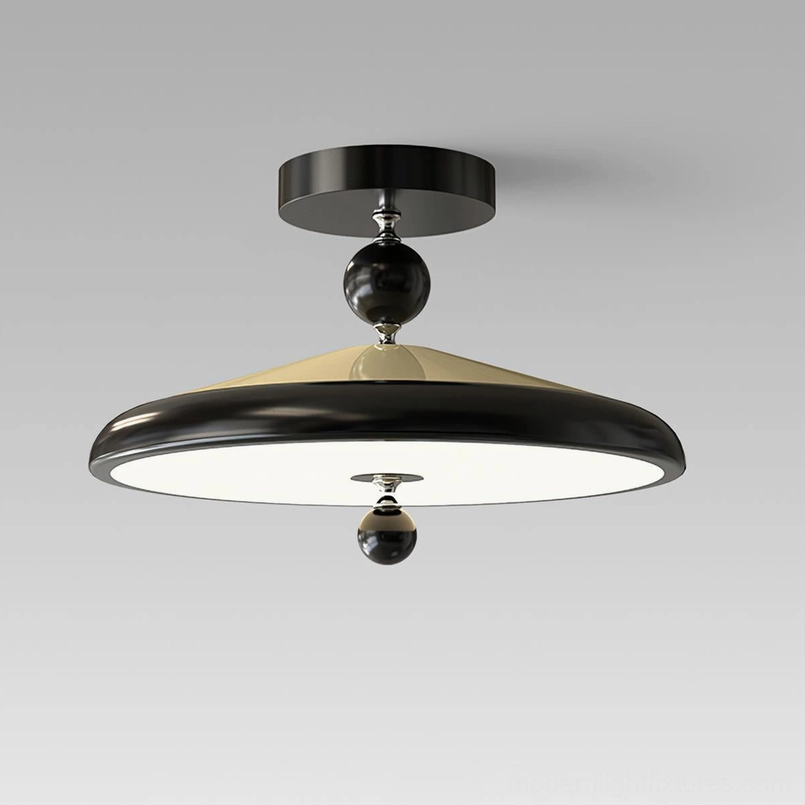 Modern black matte hover disc ceiling lamp, minimalist flat view on grey background