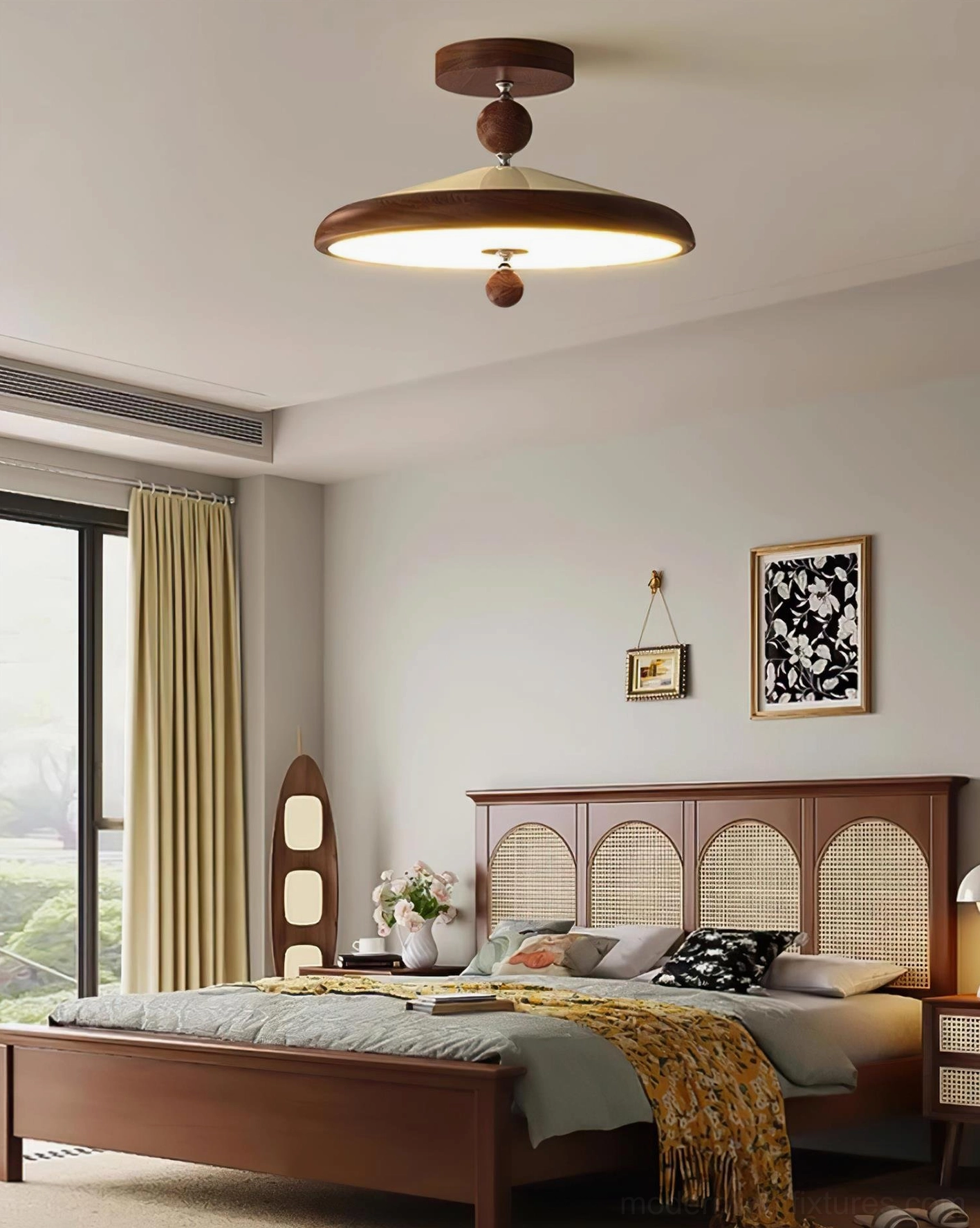 Hover ceiling lamp installed in vintage wooden bedroom, warm ambient lighting from above
