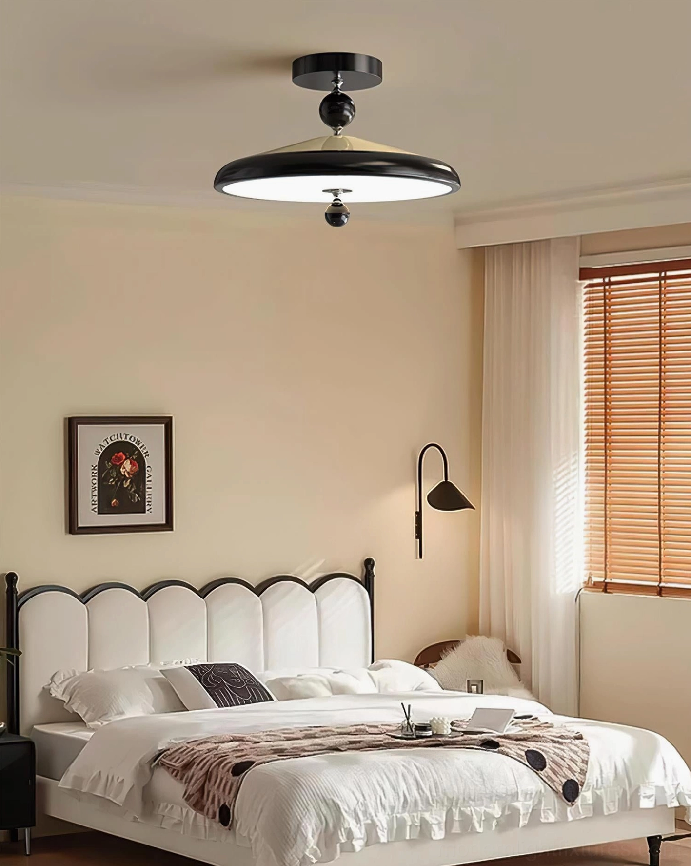 Hover mid-century ceiling lamp fixture detail showing balancing spheres and metal frame construction