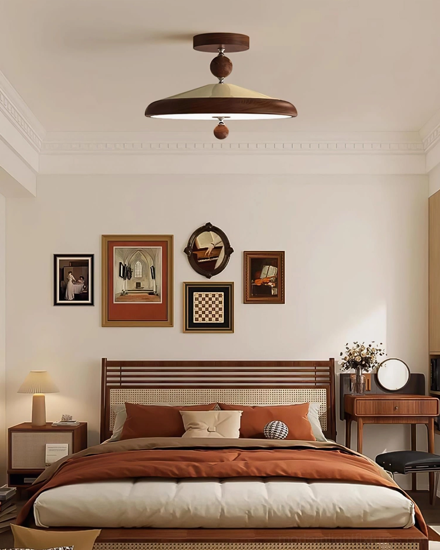 Walnut wood hover disc ceiling lamp in mid-century bedroom with gallery wall, warm lighting