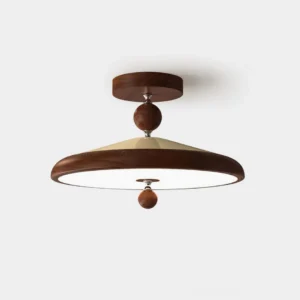 Hover mid-century disc ceiling lamp with walnut wood finish and balancing spheres, front studio view