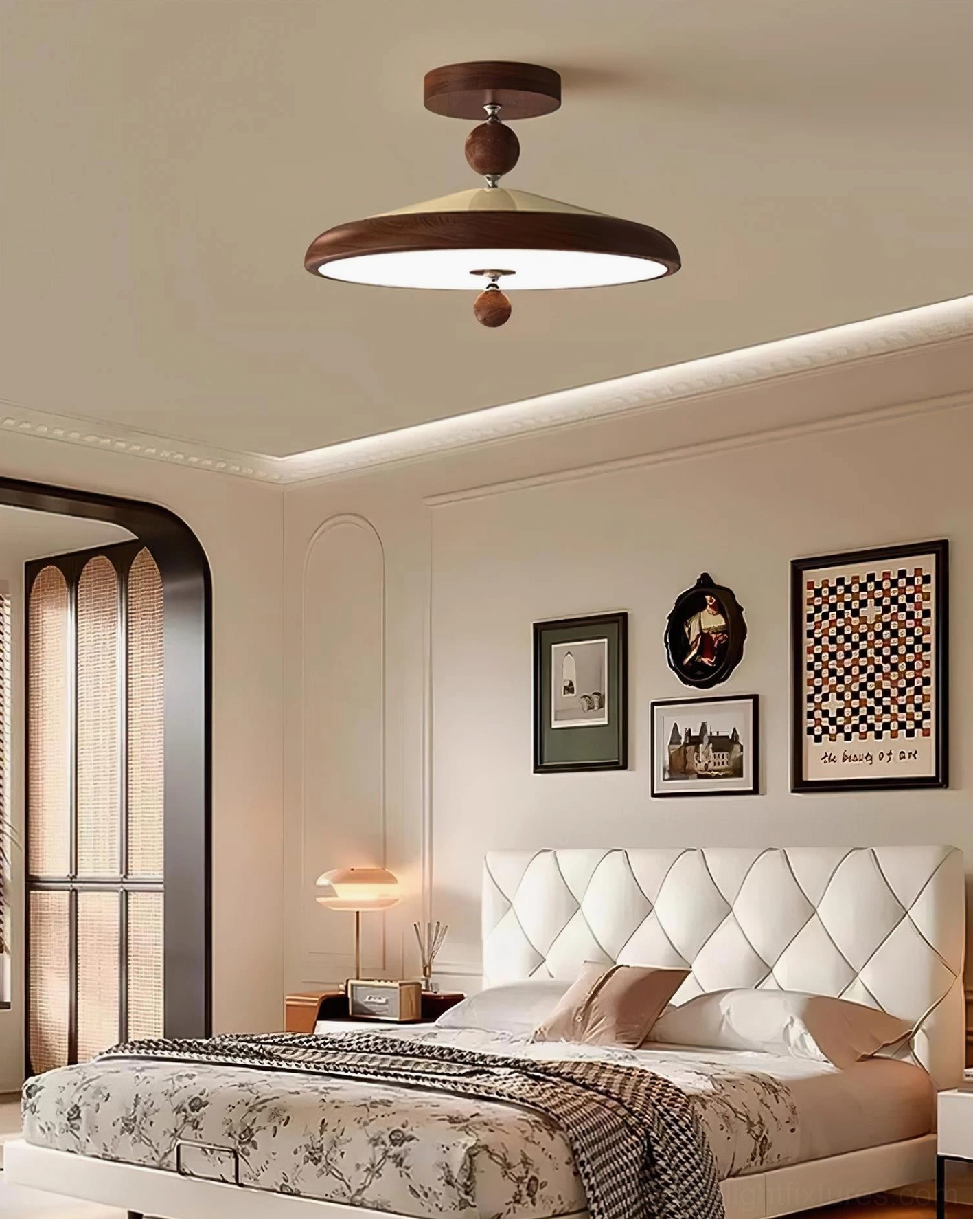 Walnut hover ceiling lamp in luxury modern bedroom with tufted headboard, elegant lighting ambiance