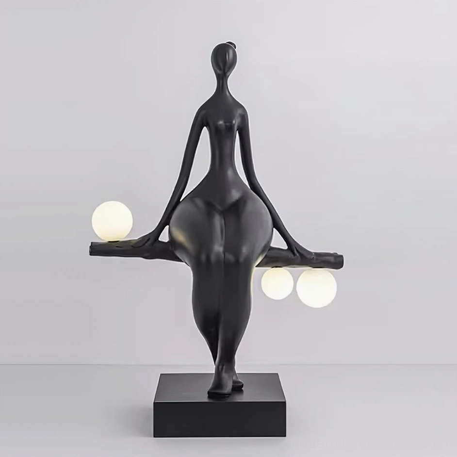 Human figure sculpture floor lamp with three frosted glass light spheres, contemporary artistic lighting fixture