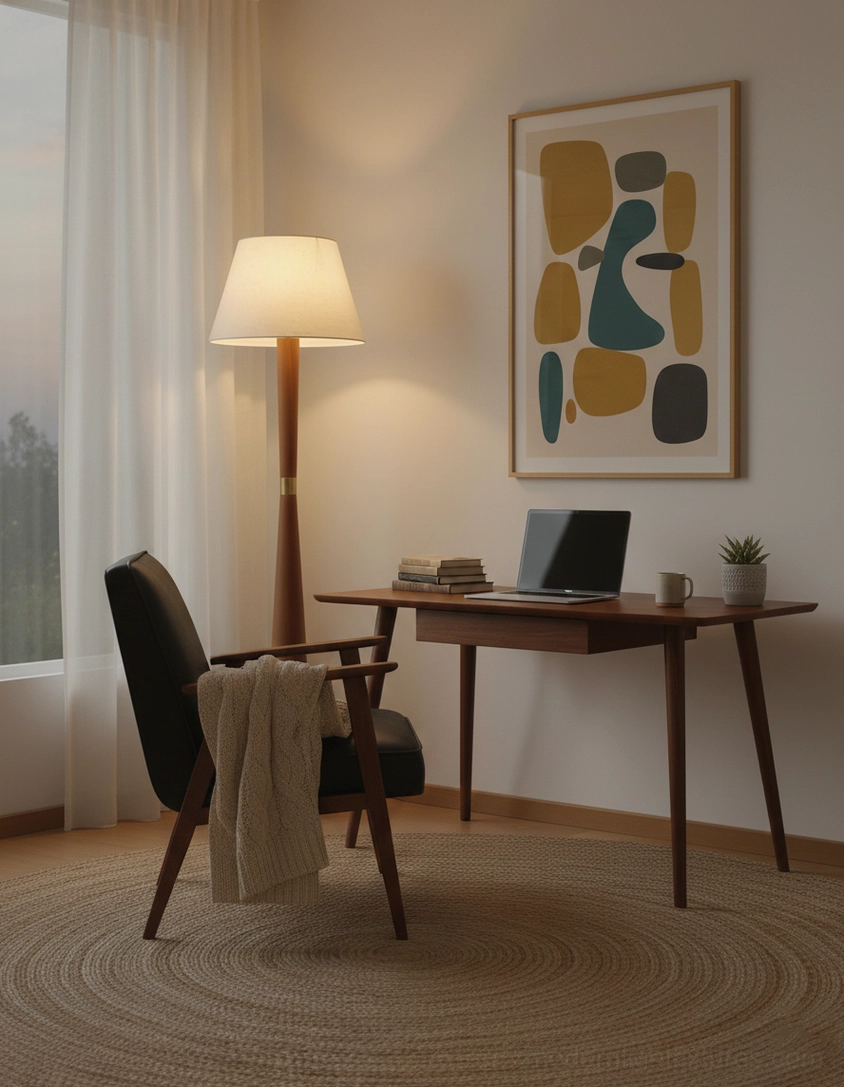Scandinavian wooden floor lamp creating cozy hygge atmosphere in modern home interior