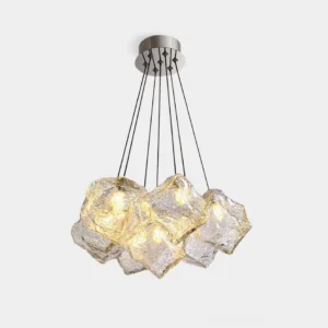 Modern ice cube glass chandelier front view with clear crystal blocks and chrome ceiling mount on white background