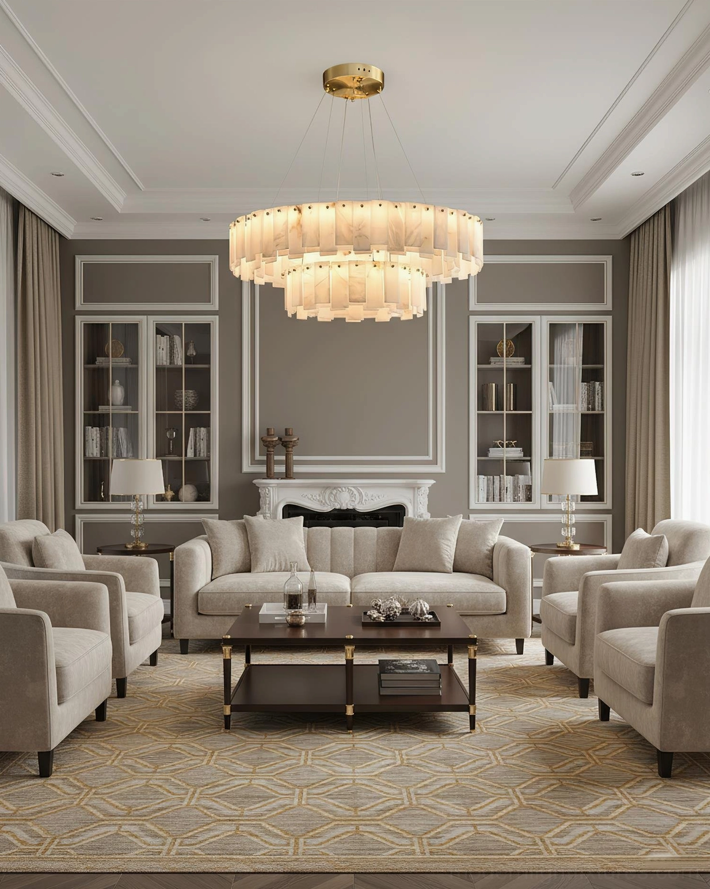 Illuminated alabaster chandelier detail showing natural stone veining patterns and translucent glow, warm brass hardware complementing soft luminous radiance