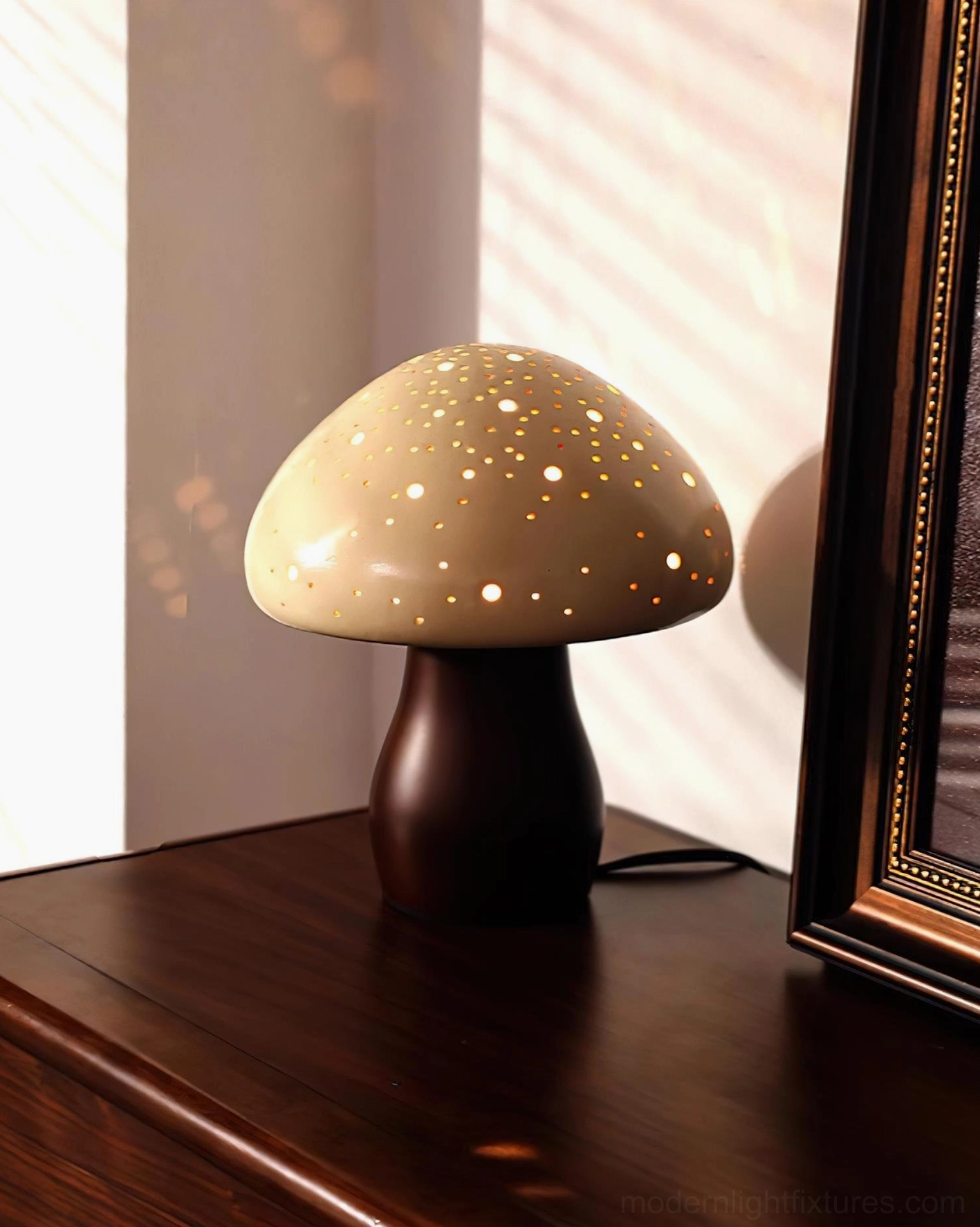 Modern mushroom table lamp glowing on nightstand with natural window light background - ceramic wood design