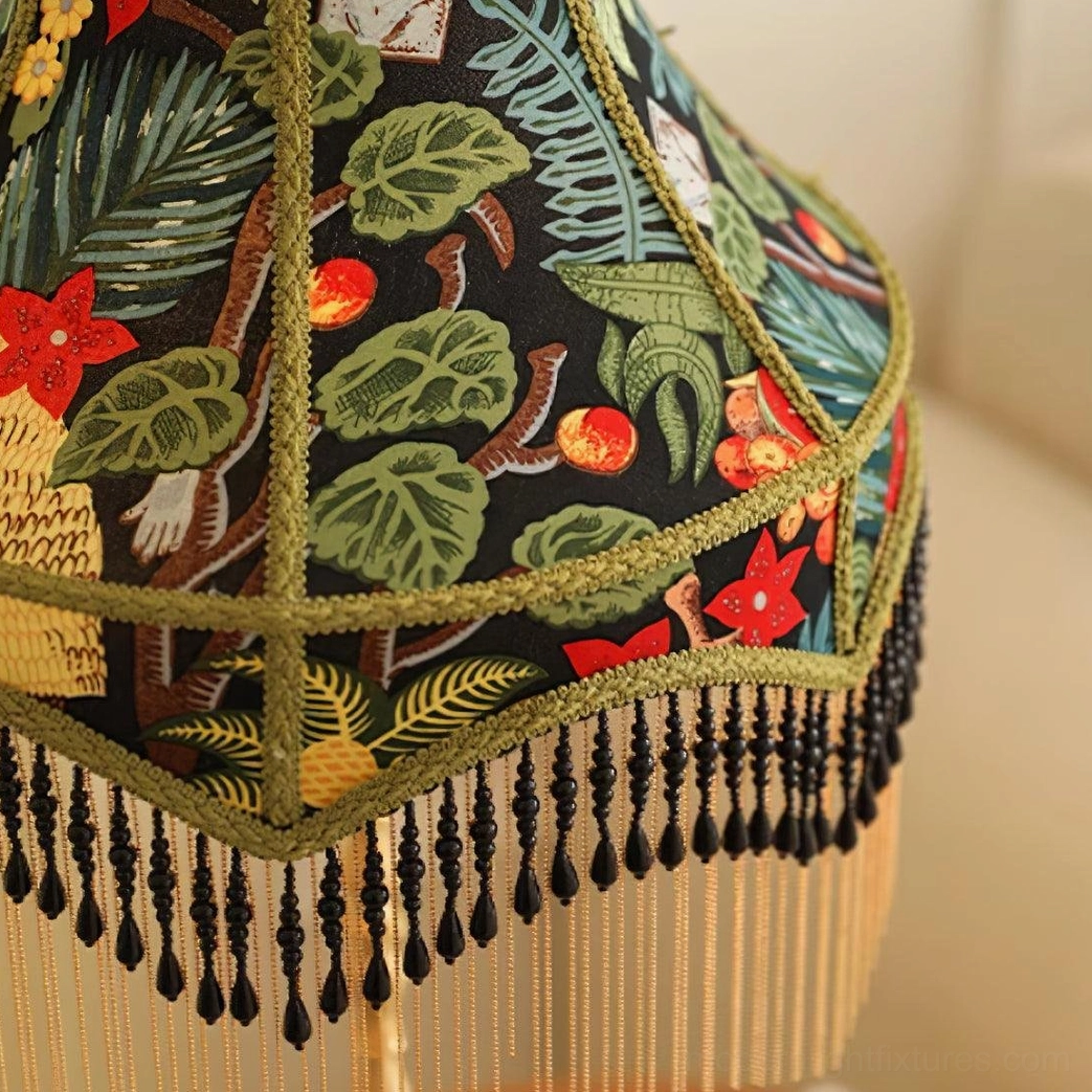 Illuminated vintage peony embroidered table lamp with warm glow and decorative fringe detailing