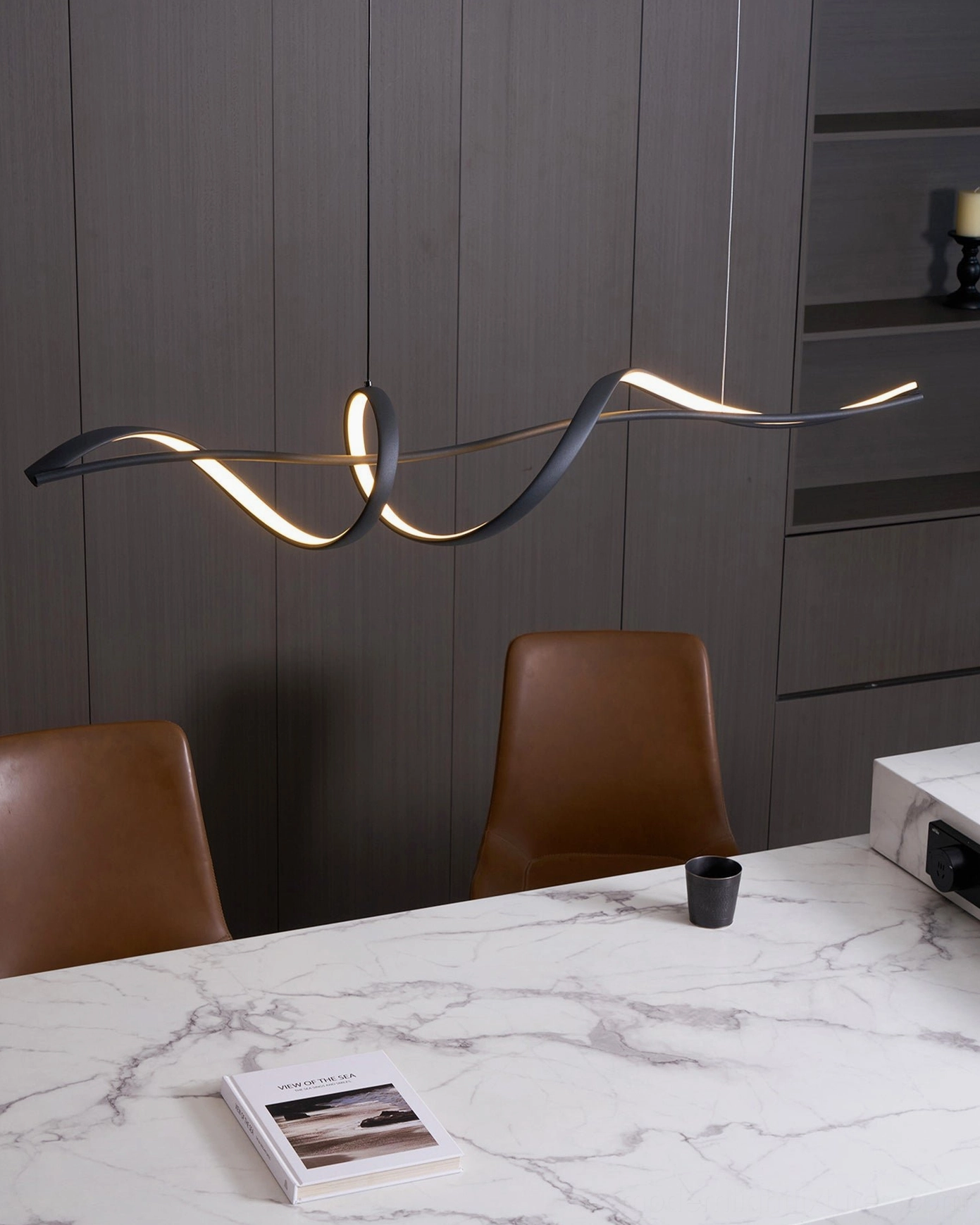 Inari linear chandelier black matte aluminum wave design modern dining fixture