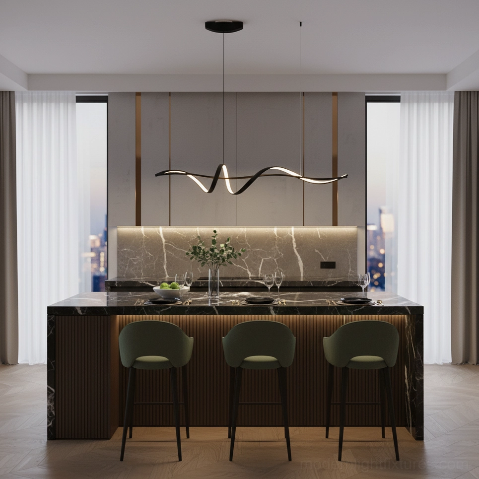 Inari linear chandelier evening dining kitchen dark wood counter high-end luxury ambient