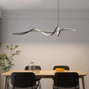Inari linear pendant lamp suspended above dining table warm ambient lighting residential interior
