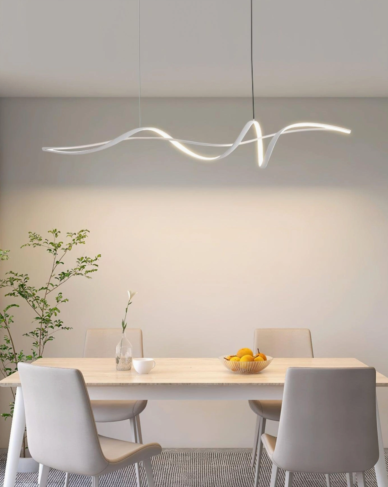 Inari linear geometric chandelier modern fixture minimalist dining room interior