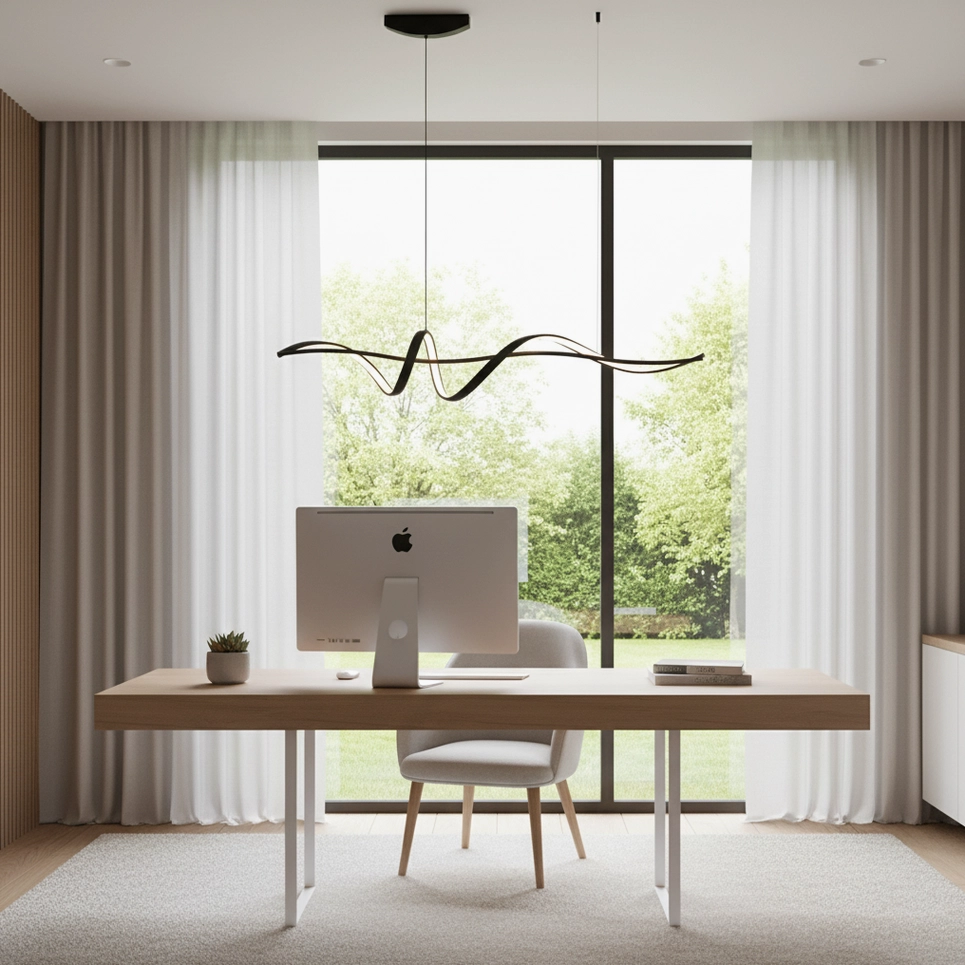 Inari linear chandelier installation view modern dining room fixture positioning