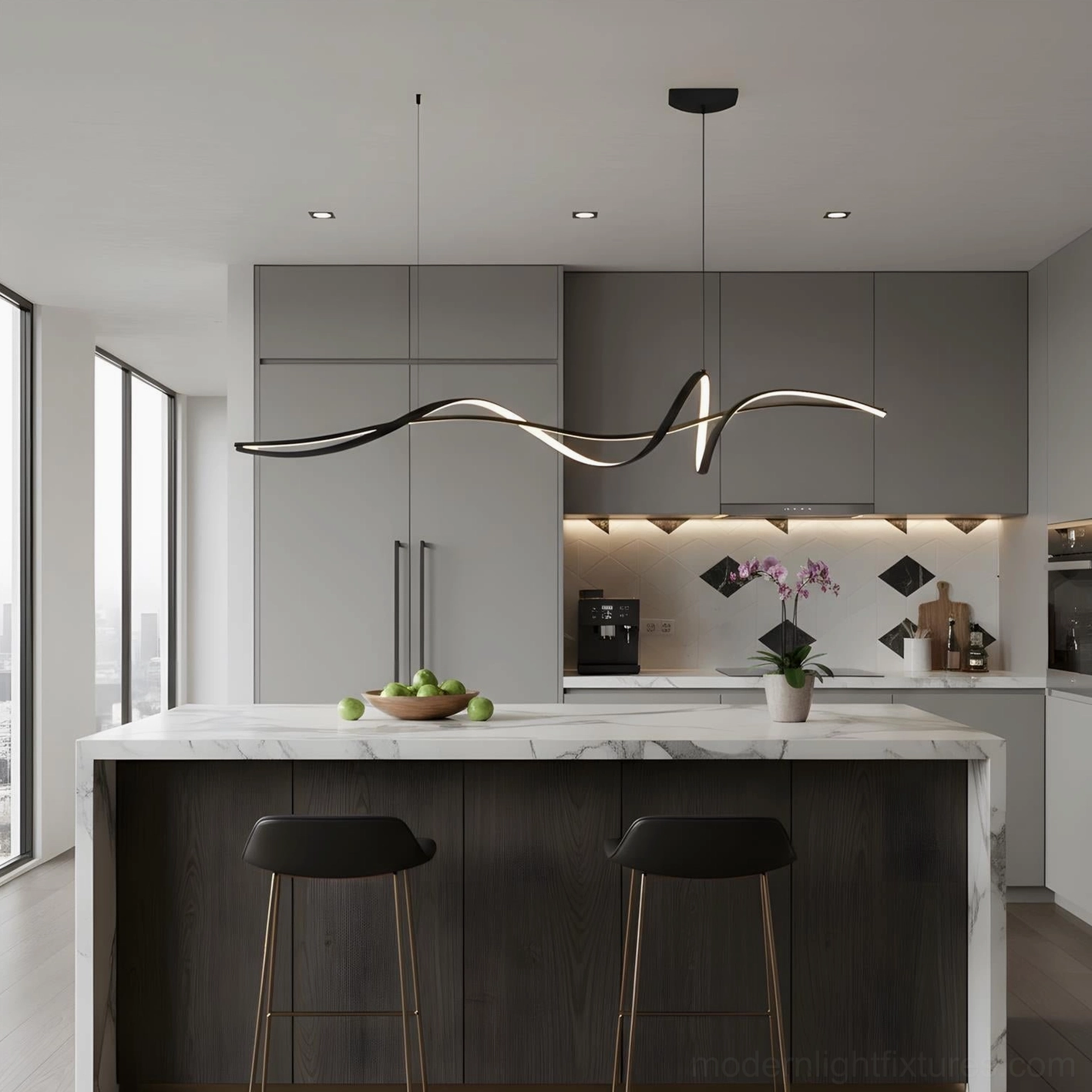 Inari linear chandelier modern kitchen island light gray cabinetry contemporary design