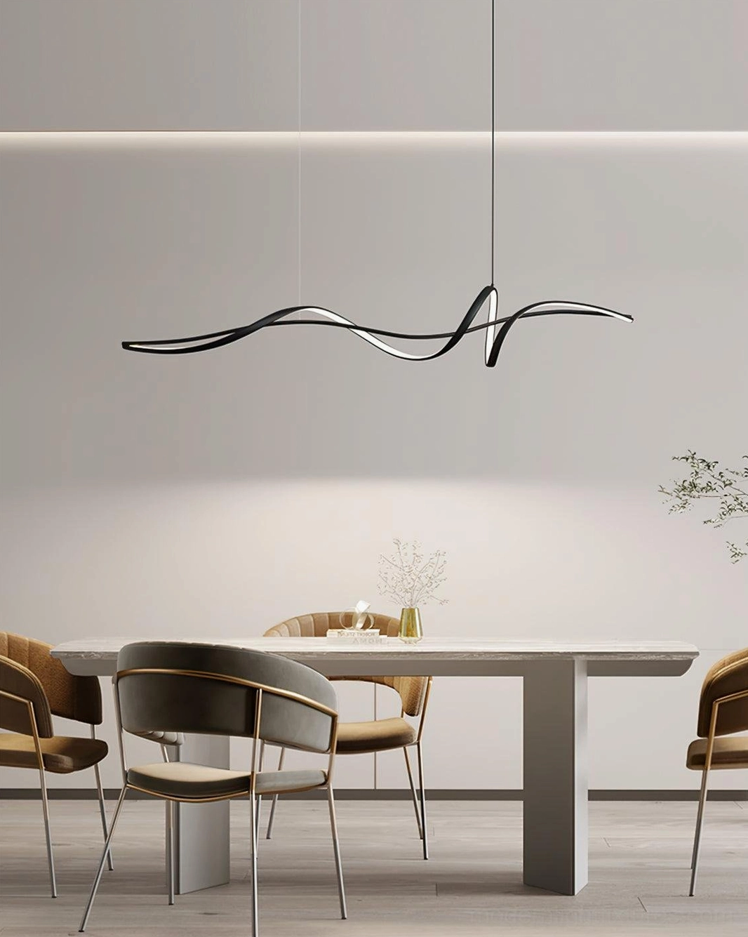 Inari linear chandelier wave pendant contemporary ambient lighting dining space design