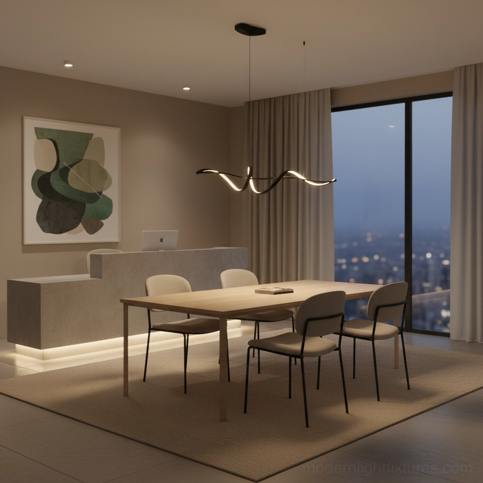 Inari linear wave pendant chandelier contemporary aesthetic minimalist dining space