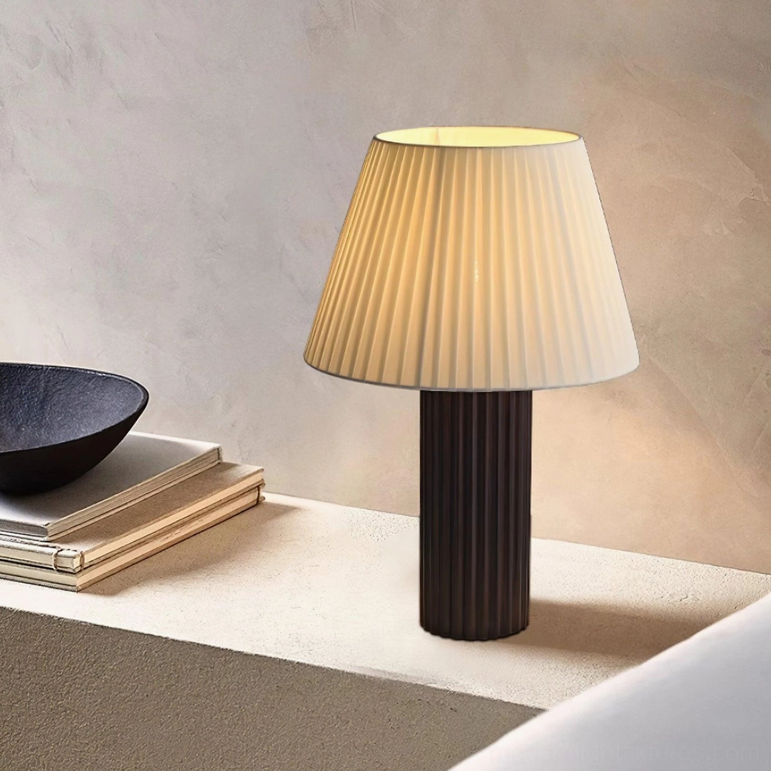 Contemporary ribbed wood table lamp with pleated shade in industrial loft interior design softening raw brick and metal architectural elements
