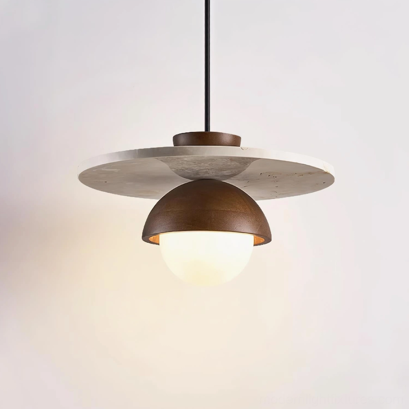 Industrial minimalist pendant ceiling light with natural stone canopy and reflective lower disc