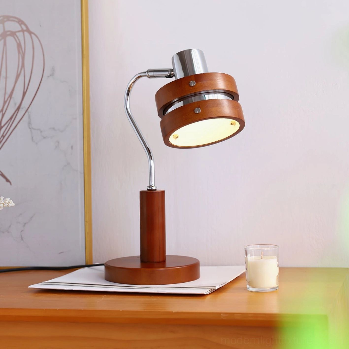 Modern industrial table lamp with adjustable chrome arm and walnut wood construction, professional product display