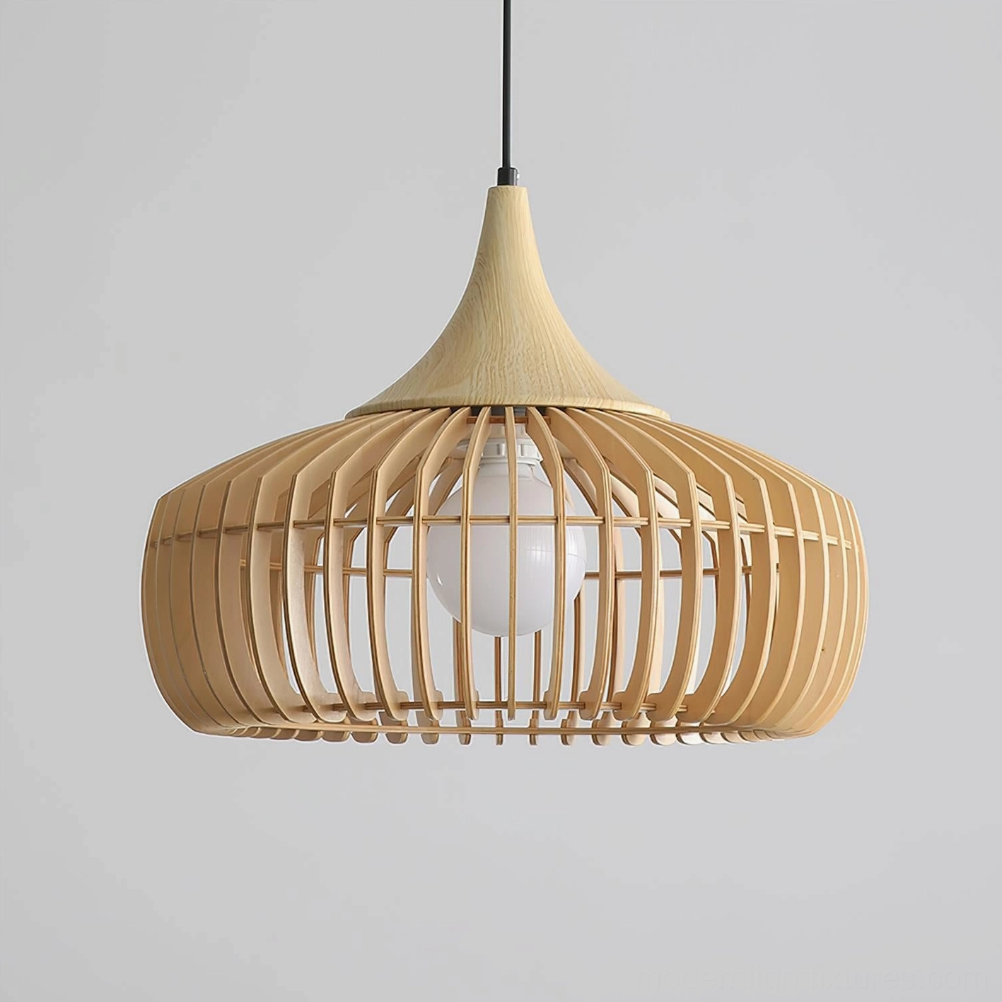 Modern wood pendant lamp in industrial rustic setting, wood-and-metal construction aesthetic