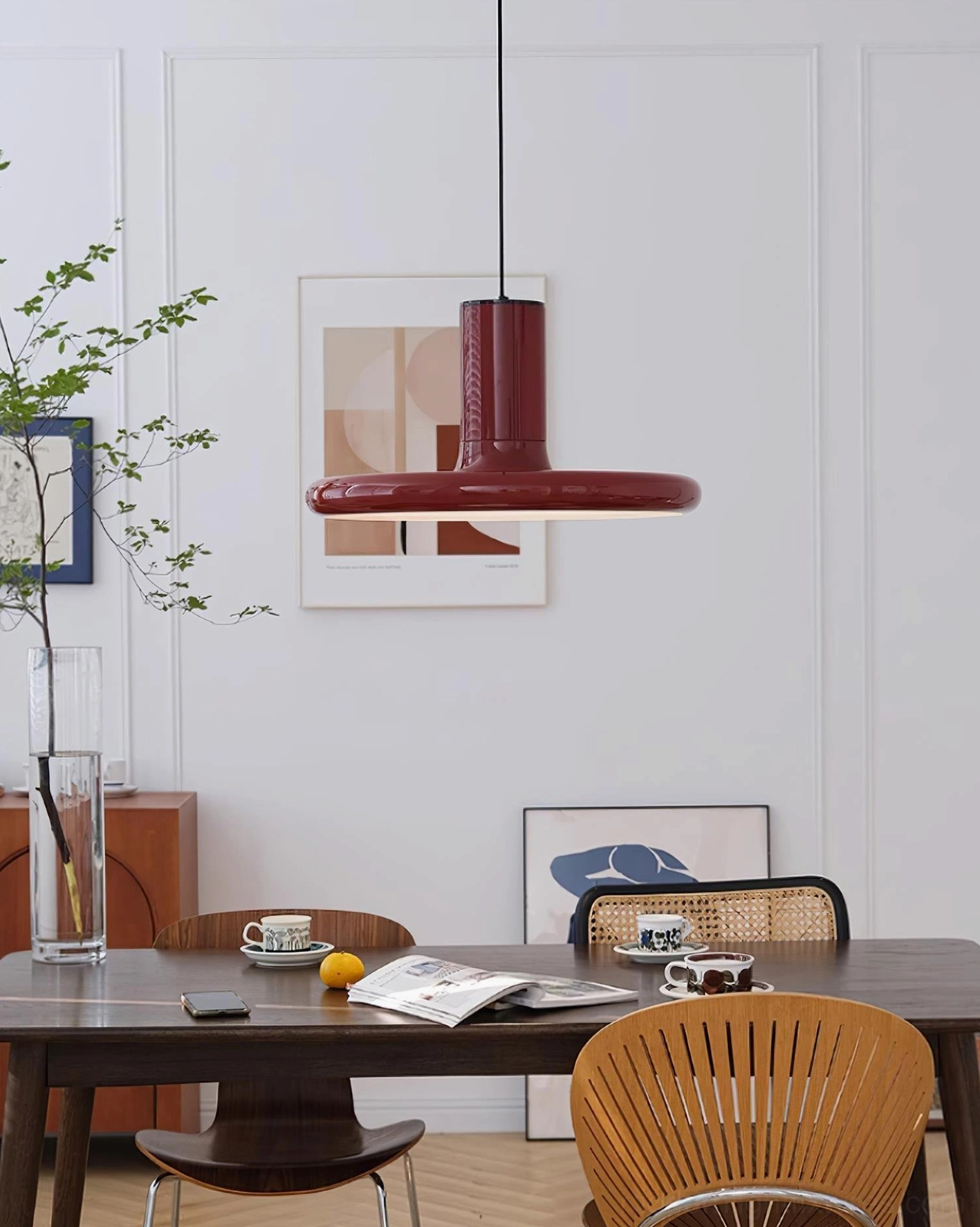 Red disc pendant light industrial chic exposed brick warm metallic accent