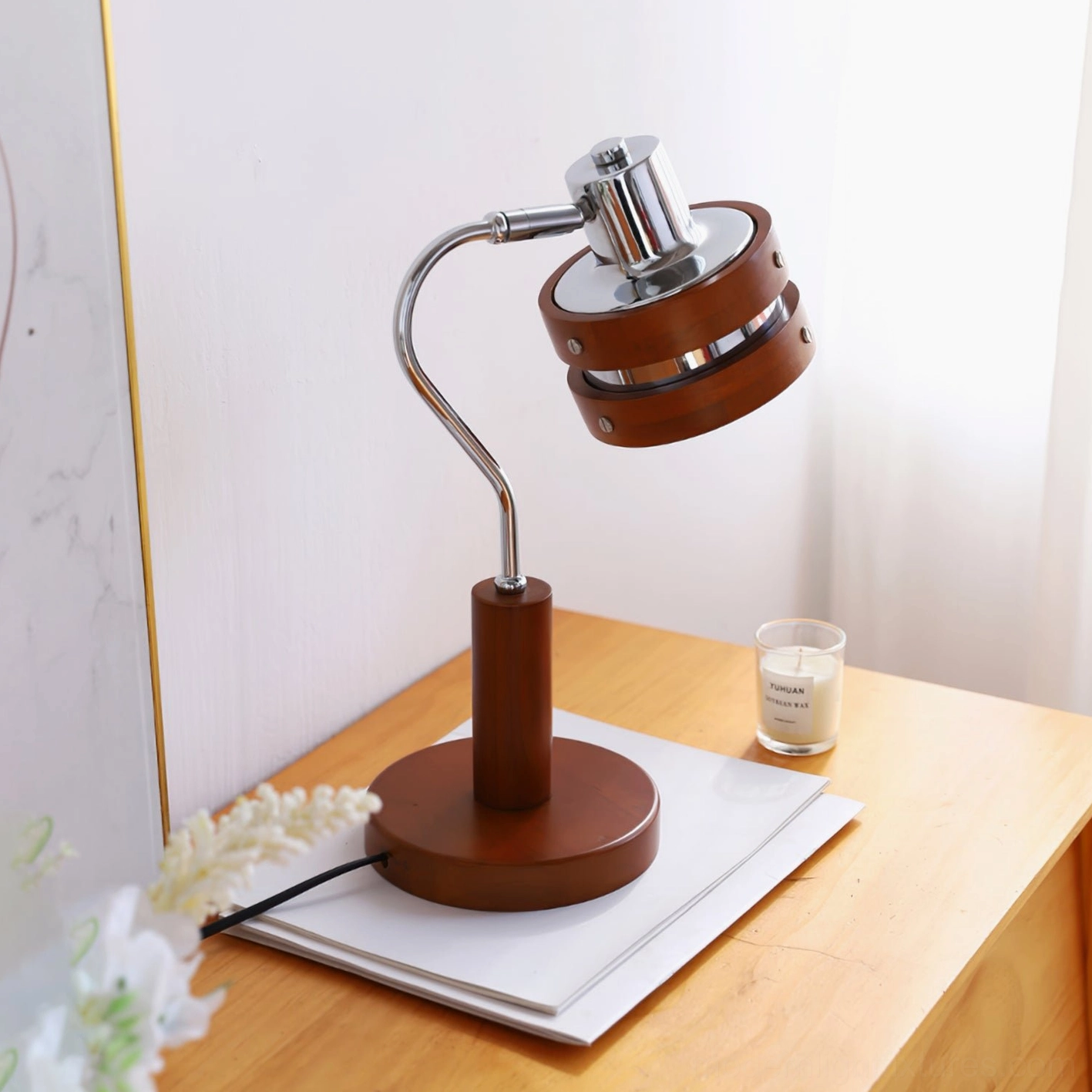 Industrial style adjustable table lamp with warm wood base and chrome fixtures for contemporary home office
