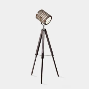 Industrial tripod floor lamp with slatted metal drum shade and wooden tripod base - front three-quarter studio view