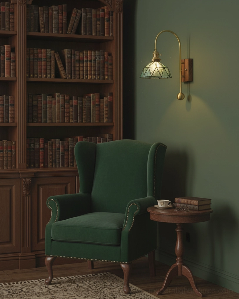 Industrial aesthetic wall sconce with exposed brass components and walnut base