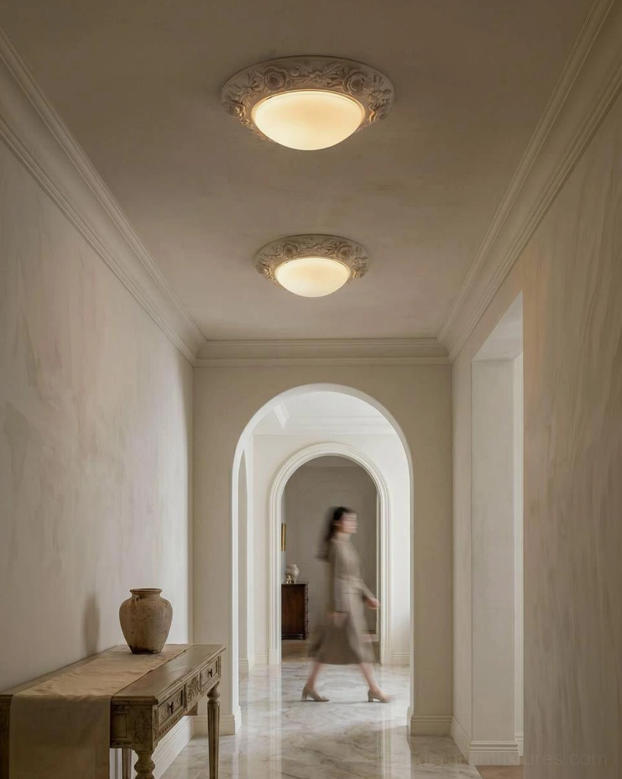 Installed Blancora flush mount ceiling light in French country bedroom with cream walls and vintage furnishings, soft lighting
