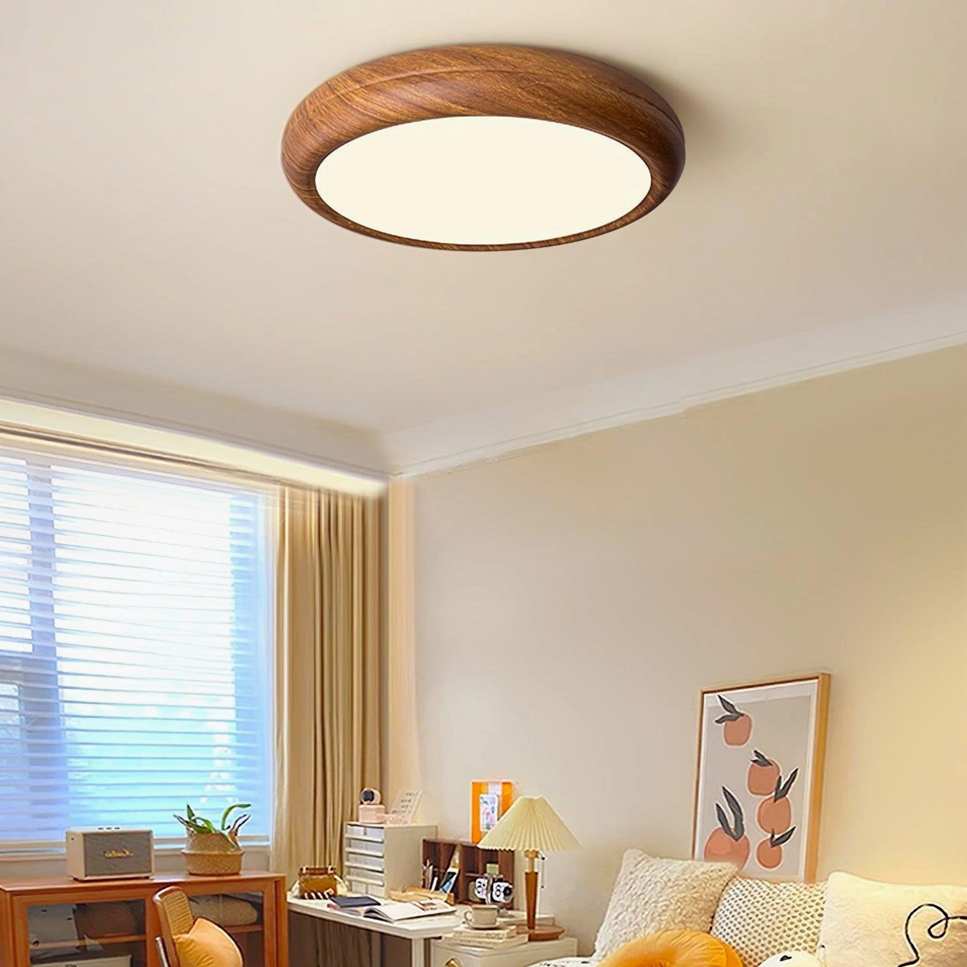 Integrated LED warm white 3000K ceiling light with walnut wood grain frame, flush mount design