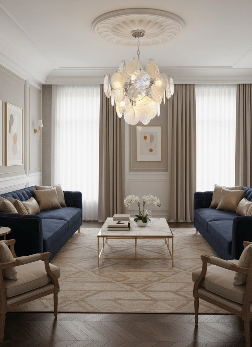Artistic perspective of iridescent glass disc chandelier showing light diffusion and pastel hues