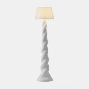 Isobel twisted modern floor lamp with woven drum shade, full frontal view on neutral background