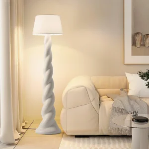 Contemporary white floor lamp with organic twisted resin neck in modern beige living room setting