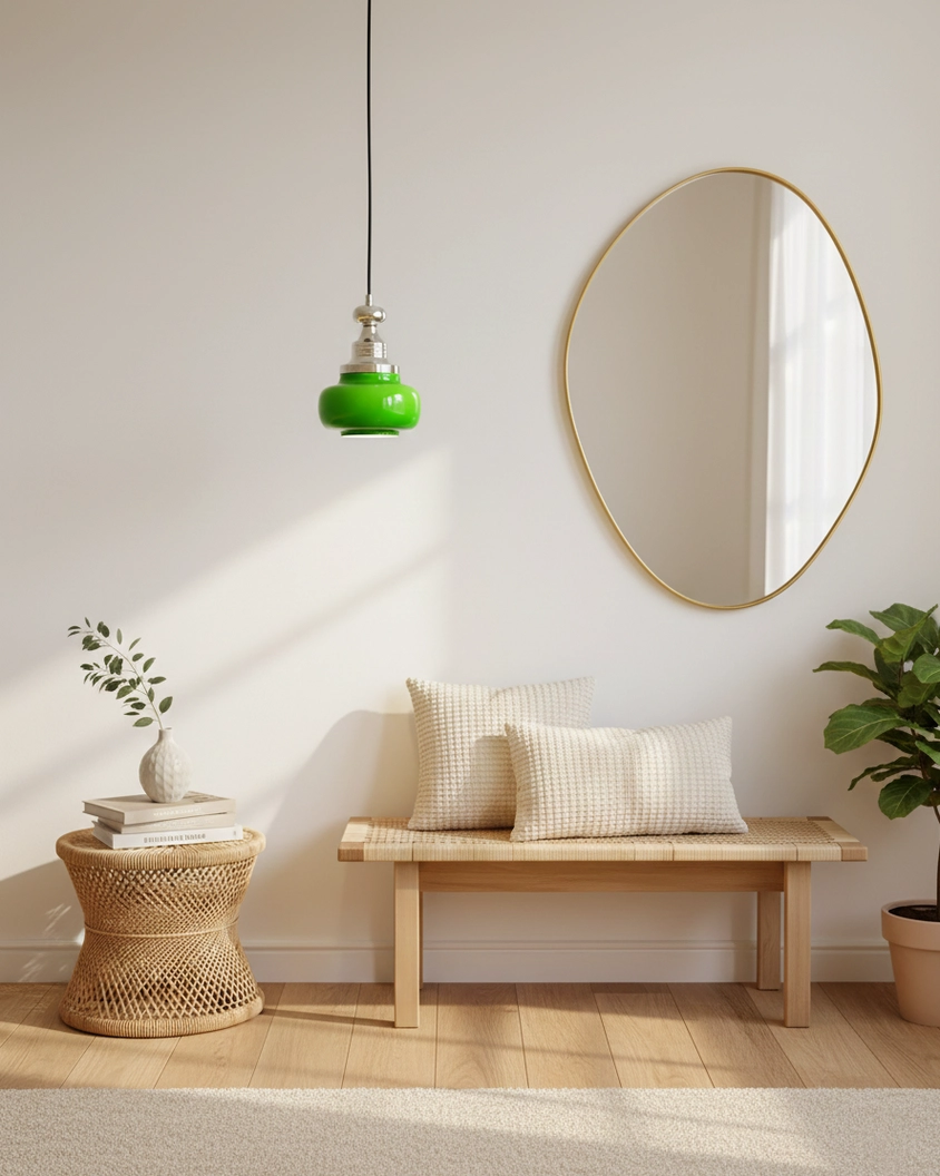 Jade green glass pendant light fixture with adjustable cord in minimalist interior setting