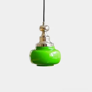 Jade green glass pendant light with polished chrome crown, front overhead view on white background