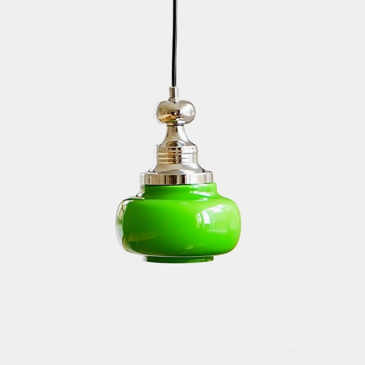 Jade green glass pendant light with polished chrome crown, front overhead view on white background