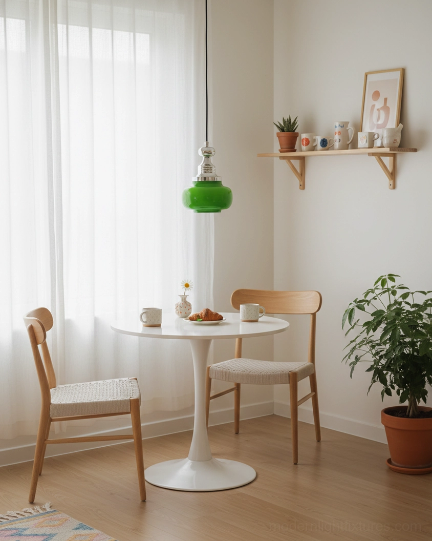 Jade green pendant light hanging above round white dining table in minimalist Nordic interior