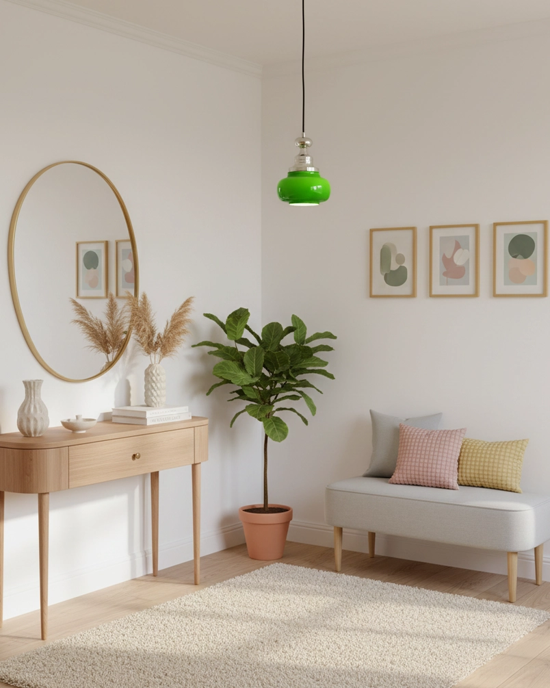 Jade green glass pendant light fixture showing luminous green shade and polished metal crown detail