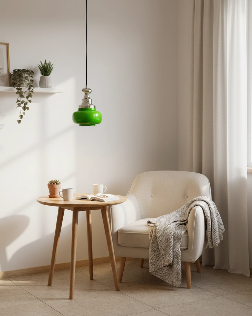 Contemporary jade green pendant light suspended over wooden side table in Scandinavian reading nook