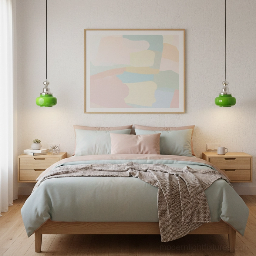 Pair of jade green pendant lights flanking bed with abstract wall art in Nordic minimalist bedroom