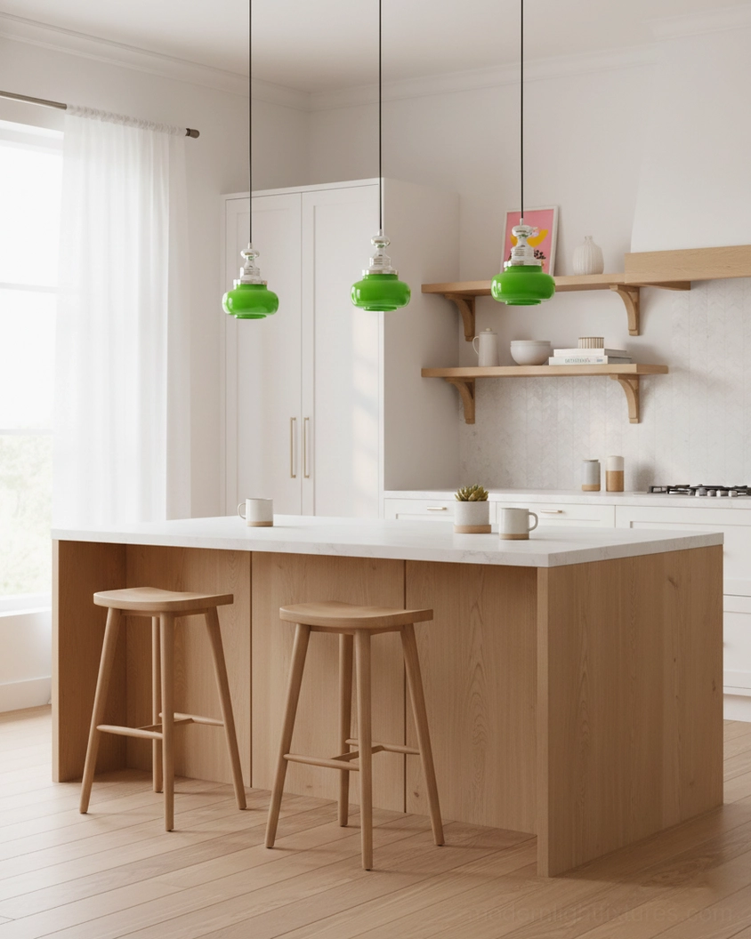 Three jade green pendant lights installed above light wood kitchen island workspace