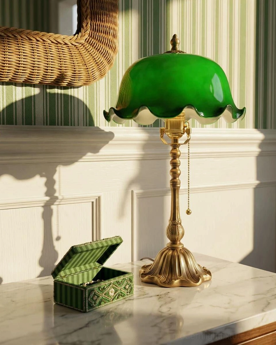 Jadelle vintage green glass ruffled dome shade and brass base detailed product closeup