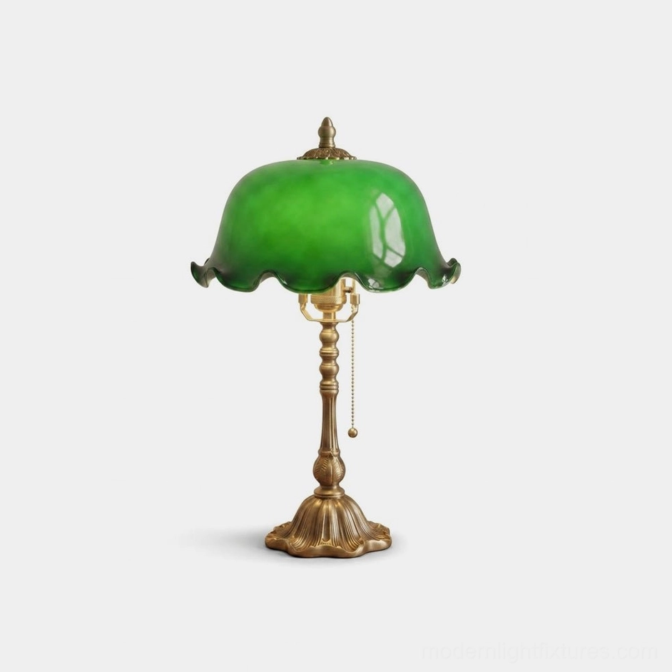 Jadelle vintage green glass table lamp with ruffled dome shade and turned brass column on white background
