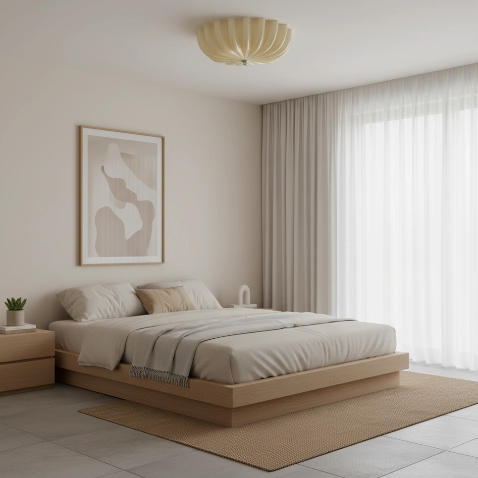 Japandi master bedroom with installed jelly shell flush mount ceiling light fixture above bed