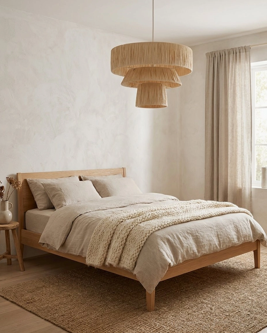 Three-tier woven pendant light hanging in Japandi-style bedroom, creating soft ambient glow above nightstand